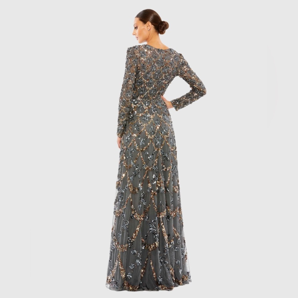 NWT $698 MAC DUGGAL Gray Embellished Illusion High Neck Long Sleeve A Line Gown - Picture 4 of 4